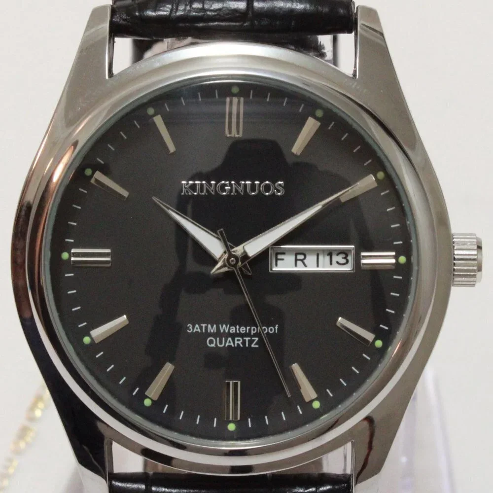 Men's Contemporary Dress Watch Silver Case Black Leather Watch Strap 40mm
